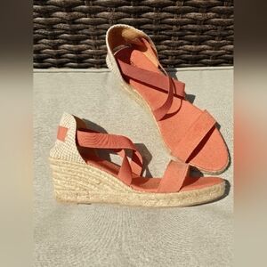 Maypol Spain Suede Coral Orange Wedges Sandals Elastic Bands Canvas Size 8.5